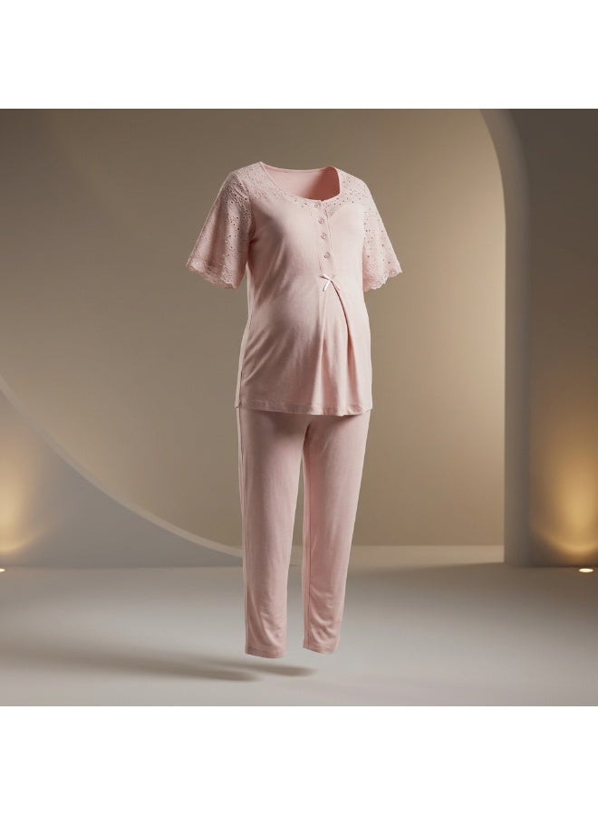 Lady Lingerie 2-Piece Maternity & Nursing Pajama Set | Short Sleeve Button-Front Top & Adjustable Waist Pants | Soft Cotton Viscose Blend | Made in Turkey - Image 2