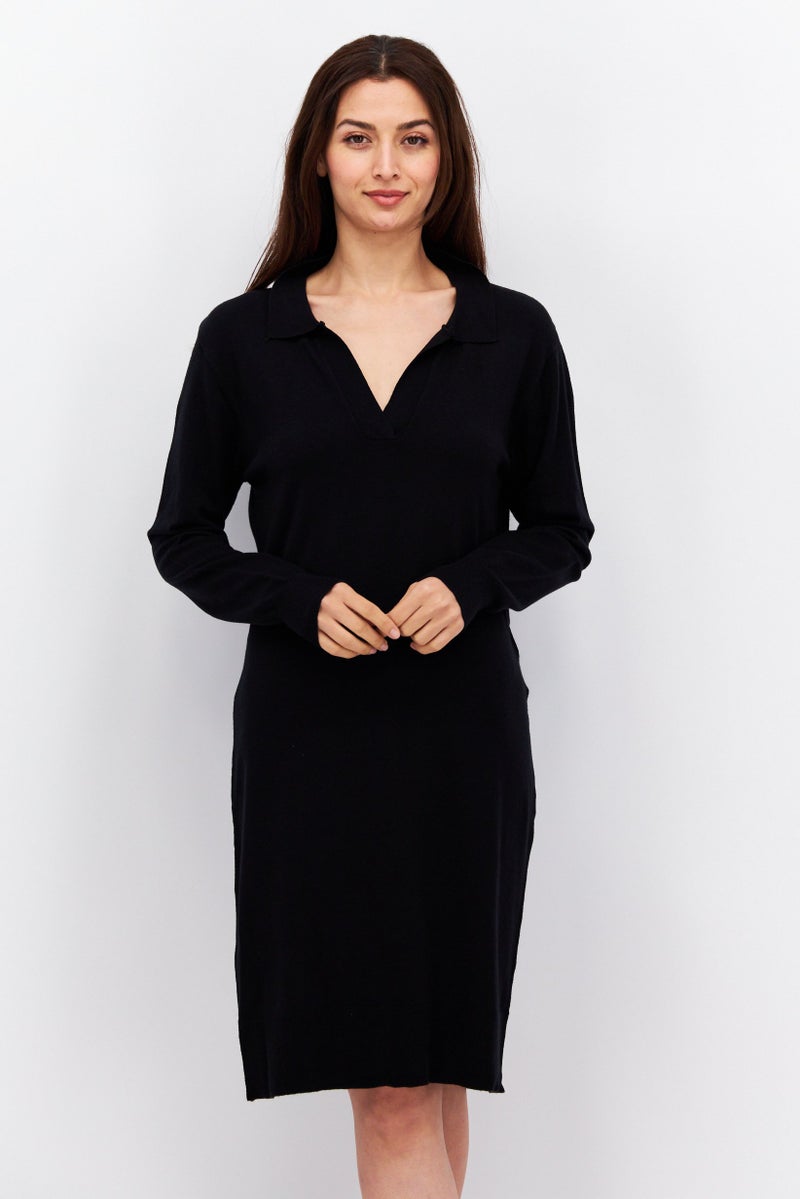 Fire & Glory Women Split Neck Long Sleeves Sweater Dress, Black - Image 1