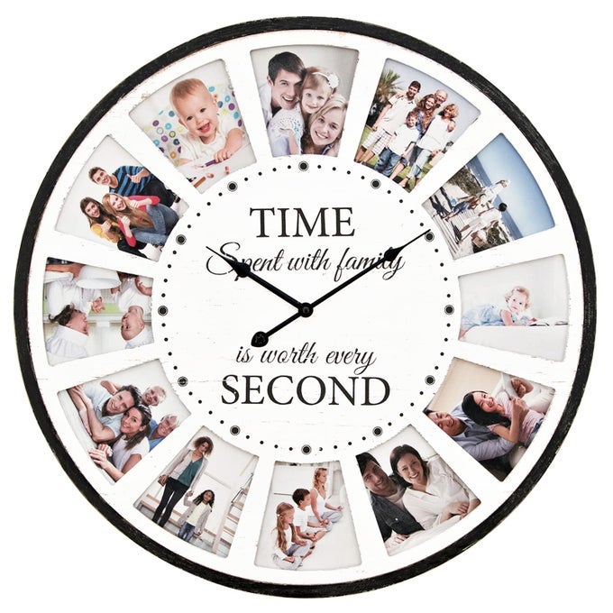 12 PHOTO COLLAGE FAMILY WOOD WALL CLOCK RUSTIC FARMHOUSE WALL CLOCK LARGE OVERSIZED WALL CLOCKS FOR HOME KITCHEN LIVING ROOM SILENT BATTERY POWERED 25 INCH WHITE