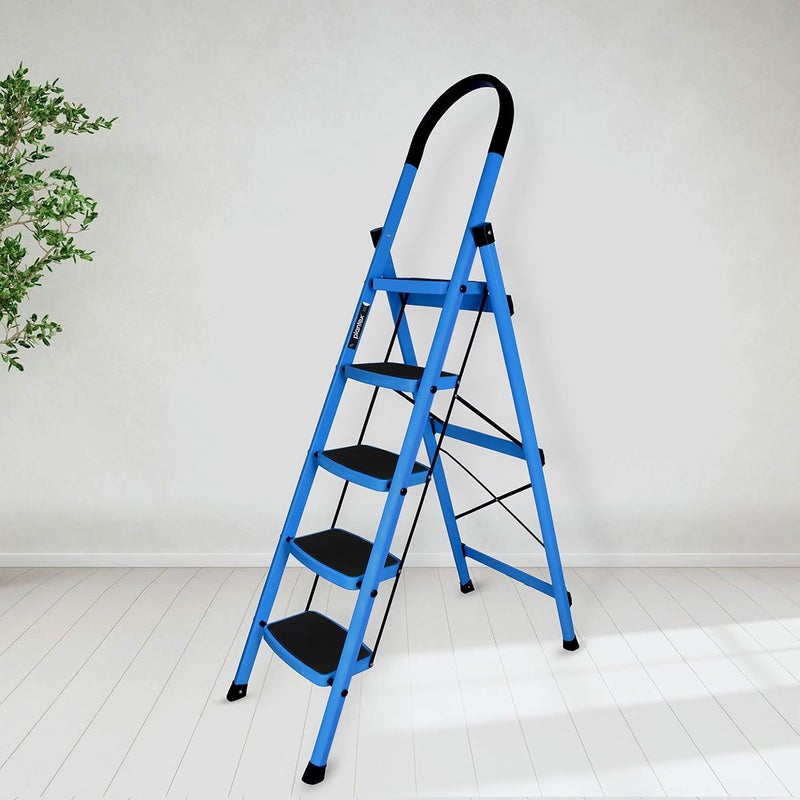 plantex Plantex Ladder for Home Premium Steel Foldable 5Step Ladder Anti Skid Strong Steps with 5 Years Manufacturer Warranty Blue Black  - Image 1