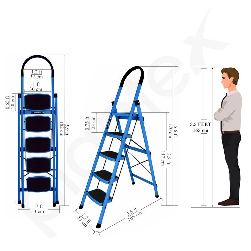 plantex Plantex Ladder for Home Premium Steel Foldable 5Step Ladder Anti Skid Strong Steps with 5 Years Manufacturer Warranty Blue Black  - Image 5
