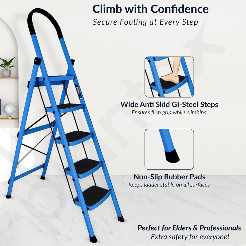 plantex Plantex Ladder for Home Premium Steel Foldable 5Step Ladder Anti Skid Strong Steps with 5 Years Manufacturer Warranty Blue Black  - Image 2