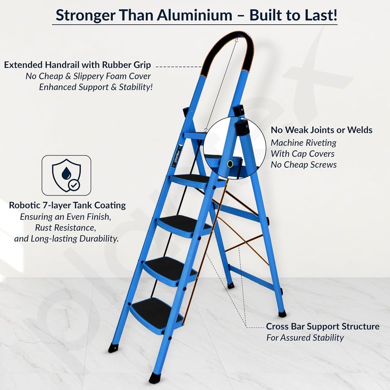 plantex Plantex Ladder for Home Premium Steel Foldable 5Step Ladder Anti Skid Strong Steps with 5 Years Manufacturer Warranty Blue Black  - Image 4