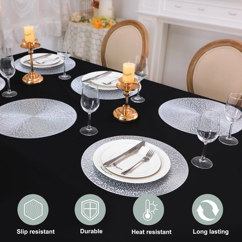 Snowkingdom Silver Round Placemats Set of 8, 15 Inch Metallic Vinyl Round Place Mats, Easy Clean Non Slip Heat Resistant Washable PVC Hollow Dining Table Mats for Wedding Party Christmas Decoration - Image 2