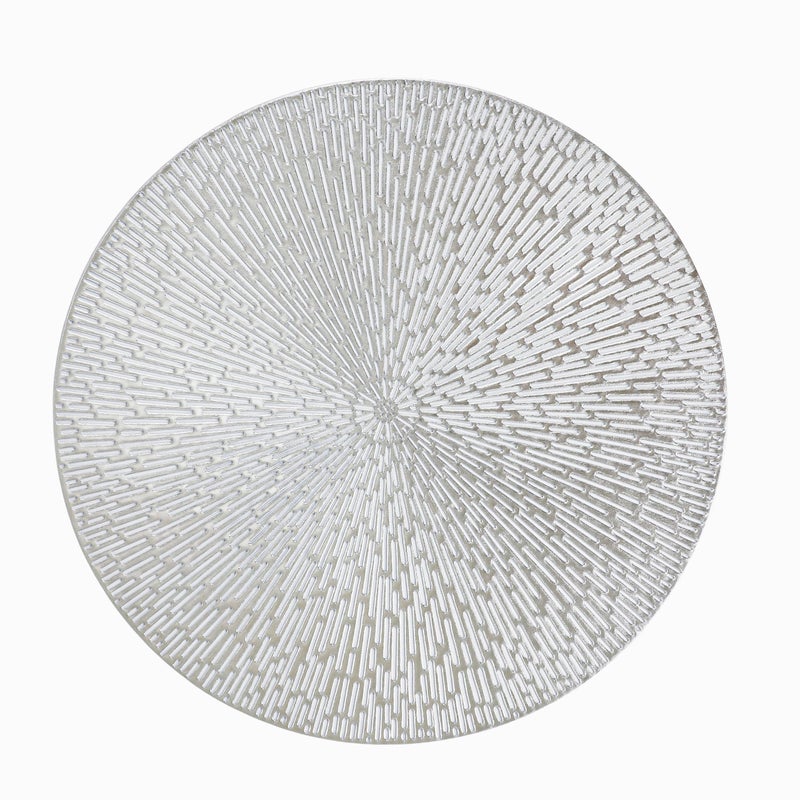 Snowkingdom Silver Round Placemats Set of 8, 15 Inch Metallic Vinyl Round Place Mats, Easy Clean Non Slip Heat Resistant Washable PVC Hollow Dining Table Mats for Wedding Party Christmas Decoration - Image 1