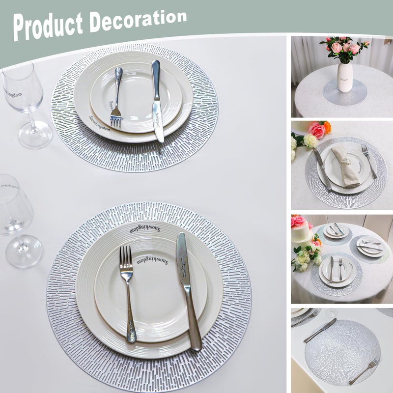 Snowkingdom Silver Round Placemats Set of 8, 15 Inch Metallic Vinyl Round Place Mats, Easy Clean Non Slip Heat Resistant Washable PVC Hollow Dining Table Mats for Wedding Party Christmas Decoration - Image 3