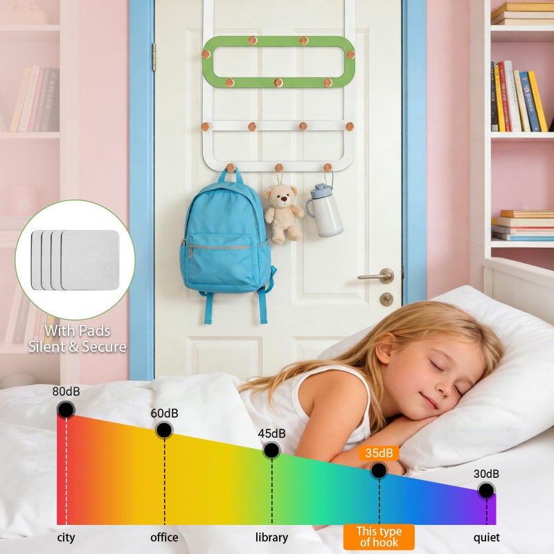 Dycoony Over The Door Hooks for Kids Backpacks - 21.5" Extra Long Door Hanger Low Reach, 14 Wooden Ball Coat Rack for Nursery Bedroom Bathroom, White & Green Purse Bag Towel Holder Organizer - Image 4