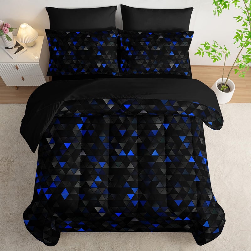 Nttopship Geometric Blue Black Triangle King Size Comforter Set,Light Honeycomb Bedding Set 7 Piece in A Bag,Bed Sheet Set Geometry Decor,Microfiber Lightweight All Season - Image 4