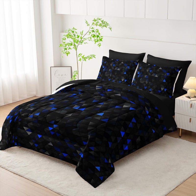 Nttopship Geometric Blue Black Triangle King Size Comforter Set,Light Honeycomb Bedding Set 7 Piece in A Bag,Bed Sheet Set Geometry Decor,Microfiber Lightweight All Season - Image 2