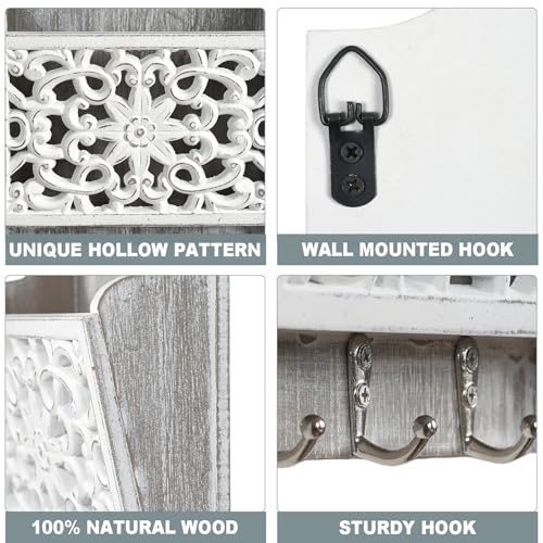 Dhmkfly Key and Mail Holder for Wall Mail Holder for Wall, 2-Slot Mails Organizer with 3 Hooks, Key Hangers Rustic Wooden Walls Organizers for Letter Magazines - Image 2