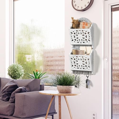Dhmkfly Key and Mail Holder for Wall Mail Holder for Wall, 2-Slot Mails Organizer with 3 Hooks, Key Hangers Rustic Wooden Walls Organizers for Letter Magazines - Image 4