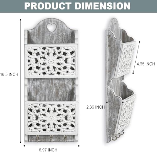 Dhmkfly Key and Mail Holder for Wall Mail Holder for Wall, 2-Slot Mails Organizer with 3 Hooks, Key Hangers Rustic Wooden Walls Organizers for Letter Magazines - Image 5