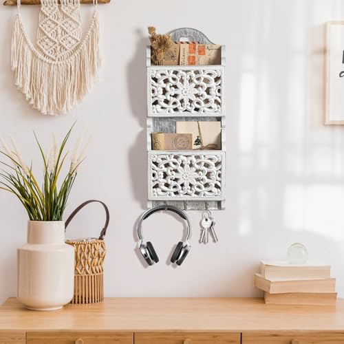 Dhmkfly Key and Mail Holder for Wall Mail Holder for Wall, 2-Slot Mails Organizer with 3 Hooks, Key Hangers Rustic Wooden Walls Organizers for Letter Magazines - Image 3