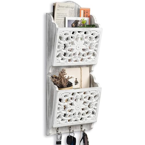 Dhmkfly Key and Mail Holder for Wall Mail Holder for Wall, 2-Slot Mails Organizer with 3 Hooks, Key Hangers Rustic Wooden Walls Organizers for Letter Magazines - Image 1