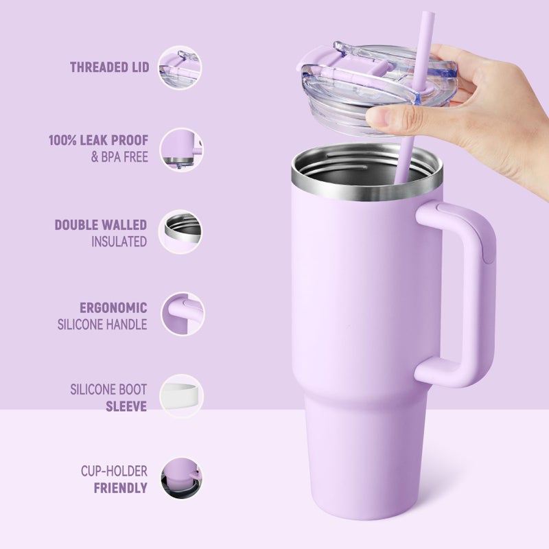 COKTIK 40 oz Tumbler With Handle and Straw, Insulated Tumbler With Leakproof Lids, Stainless Steel|BPA-Free, Cold for 24 H (Lavender) - Image 3