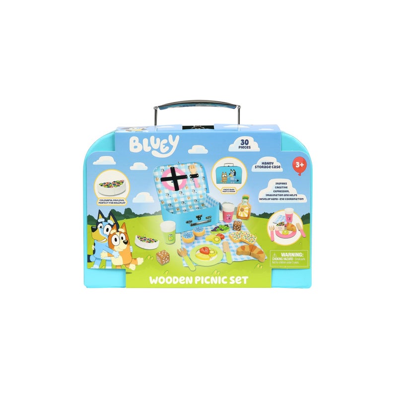Bluey – Picnic Basket Set – 30 Piece Wooden Roleplay Toy with Carry Case, Cutlery & Pretend Food Accessories for Kids – FSC-Certified Material – Fun Imaginative Kit for 3 Years and Up - Image 2