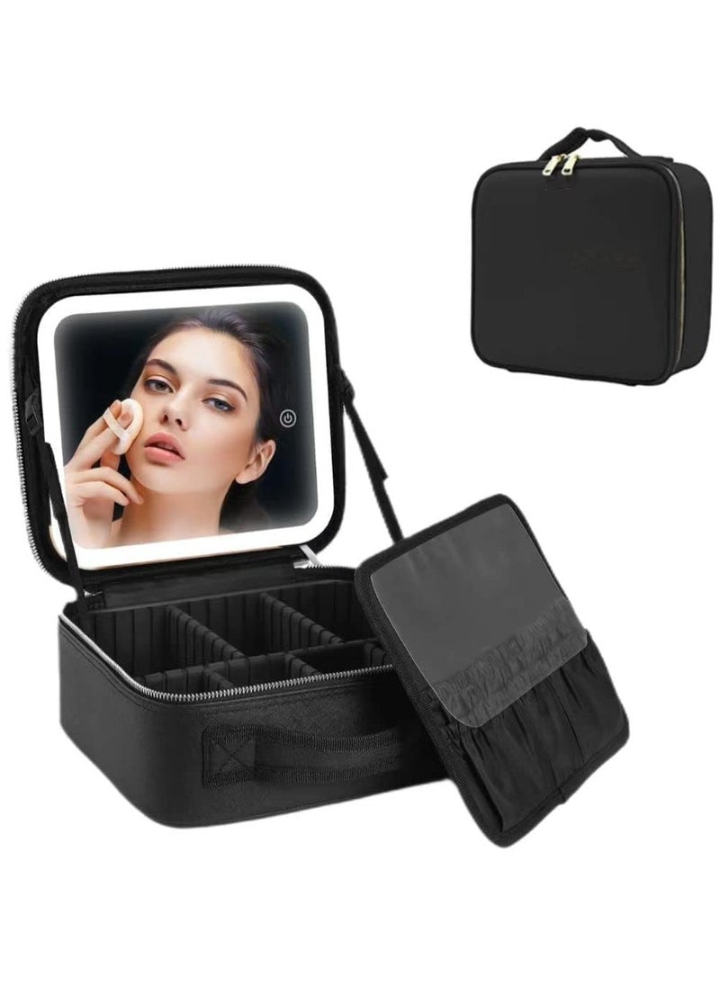 Yameem Yameem Makeup Bag Travel Organizer with Mirror LED light Premium leather quality Waterproof Cosmetic Makeup Case with 3 color LED Light Adjustable Storage Divider (BLACK)  - Image 1