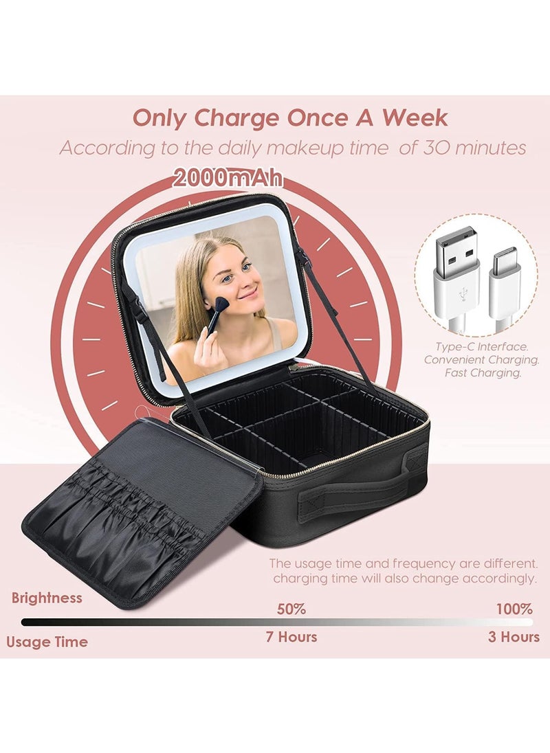 Yameem Yameem Makeup Bag Travel Organizer with Mirror LED light Premium leather quality Waterproof Cosmetic Makeup Case with 3 color LED Light Adjustable Storage Divider (BLACK)  - Image 3