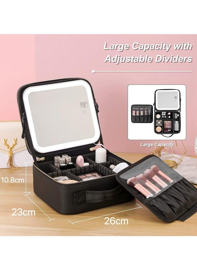 Yameem Yameem Makeup Bag Travel Organizer with Mirror LED light Premium leather quality Waterproof Cosmetic Makeup Case with 3 color LED Light Adjustable Storage Divider (BLACK)  - Image 2