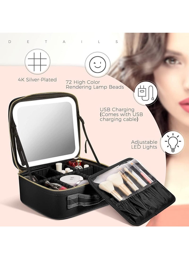 Yameem Yameem Makeup Bag Travel Organizer with Mirror LED light Premium leather quality Waterproof Cosmetic Makeup Case with 3 color LED Light Adjustable Storage Divider (BLACK)  - Image 4