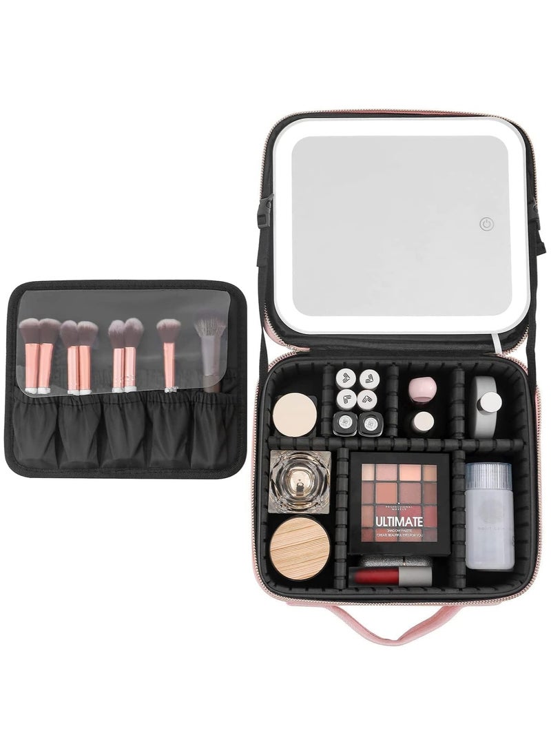 Yameem Yameem Makeup Bag Travel Organizer with Mirror LED light Premium leather quality Waterproof Cosmetic Makeup Case with 3 color LED Light Adjustable Storage Divider (BLACK)  - Image 5