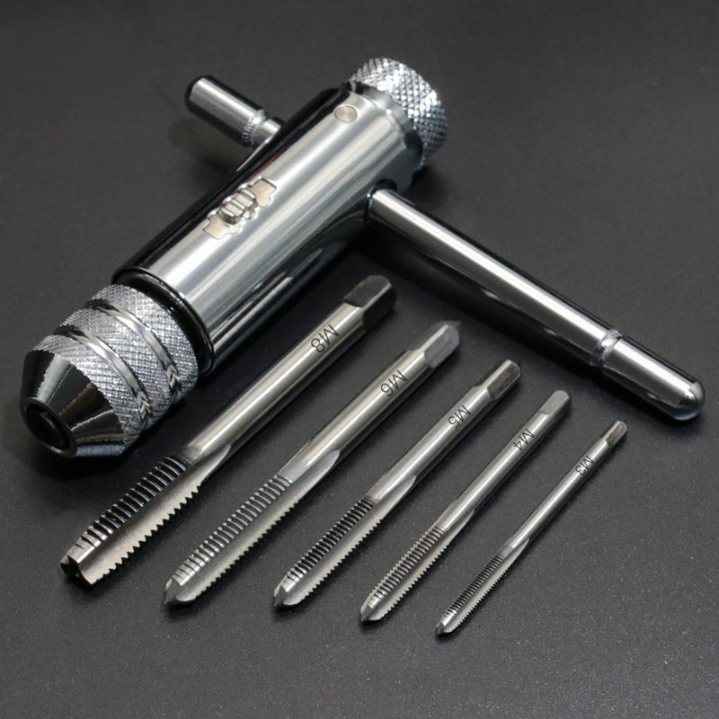 KOOTANS Ratchet T Handle Tap Wrench + 5pcs M3 M4 M5 M6 M8 Machine Screw Metric Thread Milling Plug T-shape Taps Set, Both Way Hand Tap Set Adjustable Manual Tapping Tool Kit for Home Use (Short) - Image 1