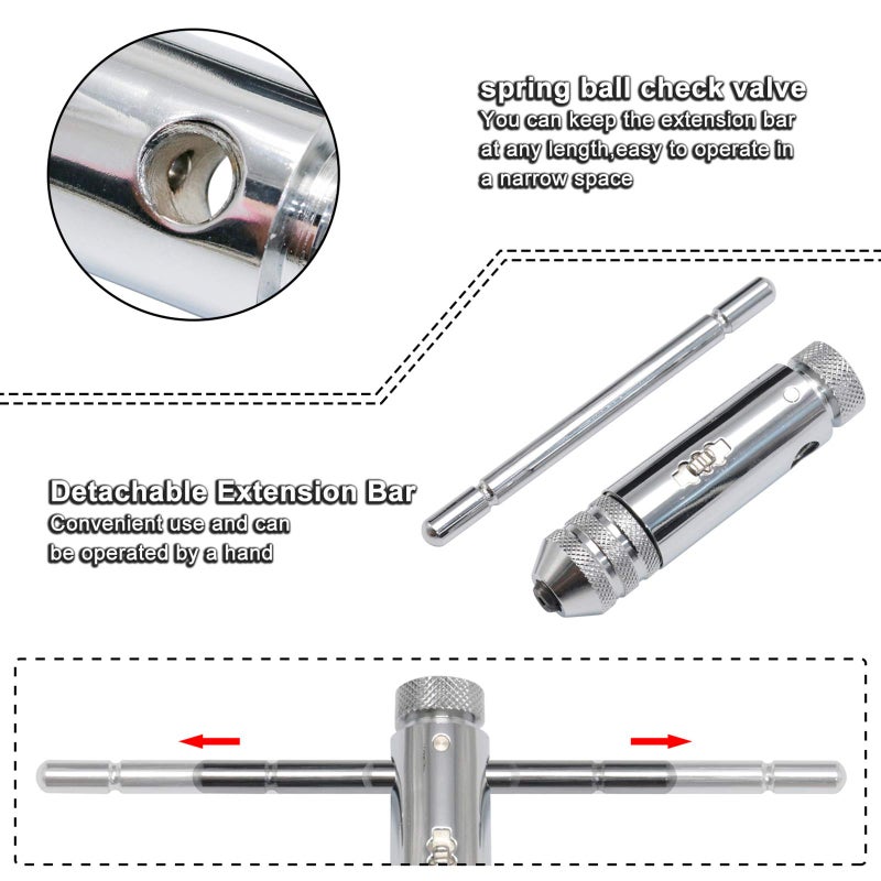 KOOTANS Ratchet T Handle Tap Wrench + 5pcs M3 M4 M5 M6 M8 Machine Screw Metric Thread Milling Plug T-shape Taps Set, Both Way Hand Tap Set Adjustable Manual Tapping Tool Kit for Home Use (Short) - Image 5