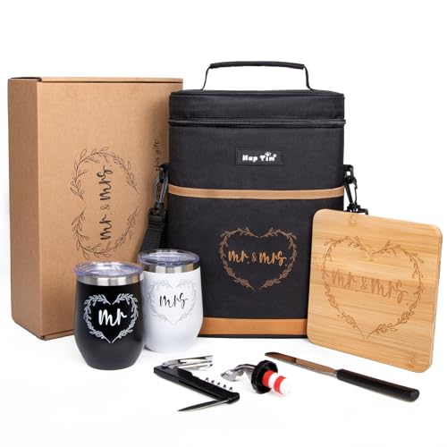Hap Tim Wedding Gifts for Couples, Bridal Shower Gifts, Engagement Gifts for Newlyweds, Mr and Mrs gifts - Wine Cooler Bag Insulated Wine Carrier Tote with Tumblers, Bamboo Cheese Borad (13624-G1) - Image 1