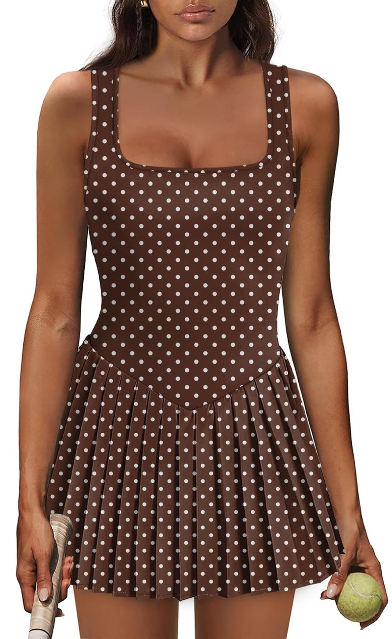NIASHOT Athletic Dress with Shorts Pleated Skirts Beach Vacation Clothes for Women Summer Outfits 2026 Women's Fashon Clothing Brown Dots M - Image 1