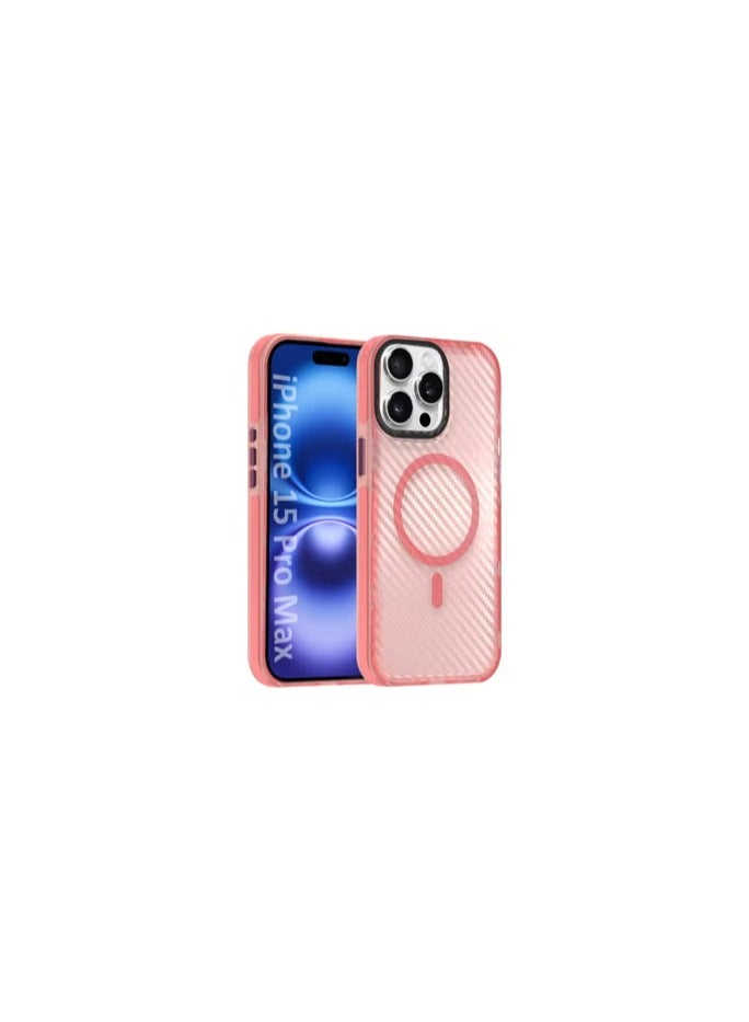 CATANES (for iPhone 15 Pro Max) Magsafe Case Cover Carbon Fiber Magnetic Strong Shockproof Protective Slim Thin Cover Transparent Matte - Pink Color - Image 1