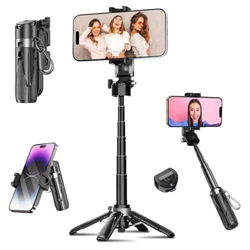 WeCool 4 in 1 Mini Selfie Stick for Mobile, Tripod Stand with One-Click Auto OpenLegs, Premium Aluminum Build 5Section Telescopic Pole, 360°Rotation,Rechargeable Remote, Pocket-size for Travel,Vloging - Image 1