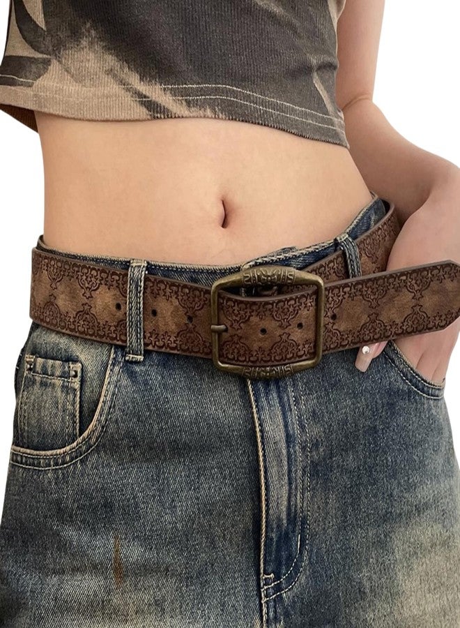 Caviotess Western Belt Strap for Women Vintage Embossed Leather Bucket Belt Y2K Cowgirl Engraved Tooled Belt for Jeans Pants, Brown - Image 1