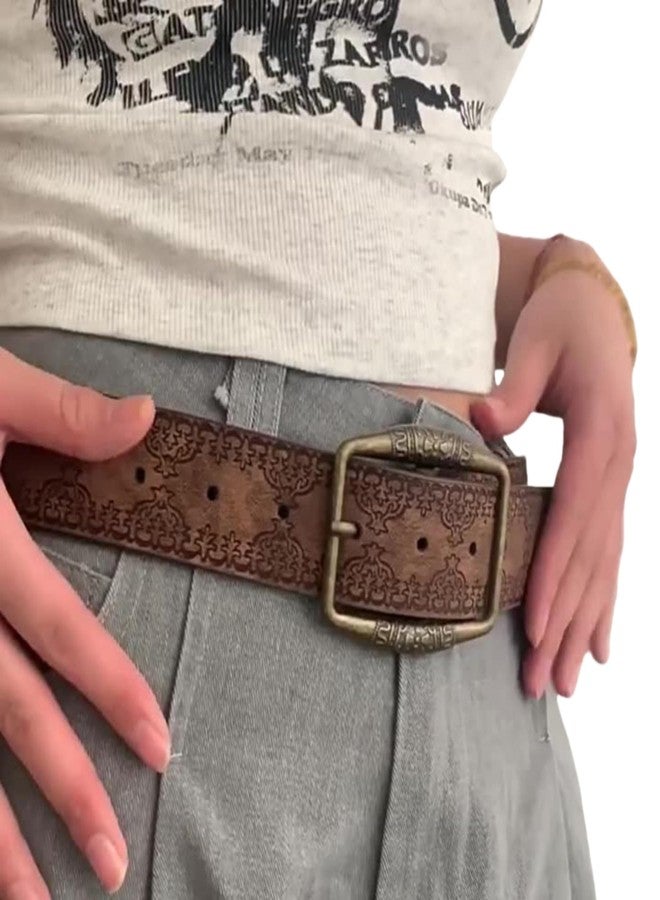 Caviotess Western Belt Strap for Women Vintage Embossed Leather Bucket Belt Y2K Cowgirl Engraved Tooled Belt for Jeans Pants, Brown - Image 2