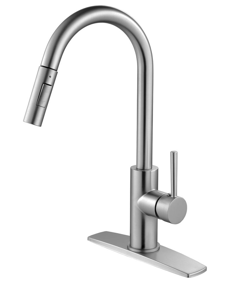 FORIOUS Brushed Nickel Kitchen Faucet with Pull Down Sprayer Stainless Steel High Arc Gooseneck Modern Sink Faucet with CUPC Ceramic Cartridge Single Handle and Deck Plate