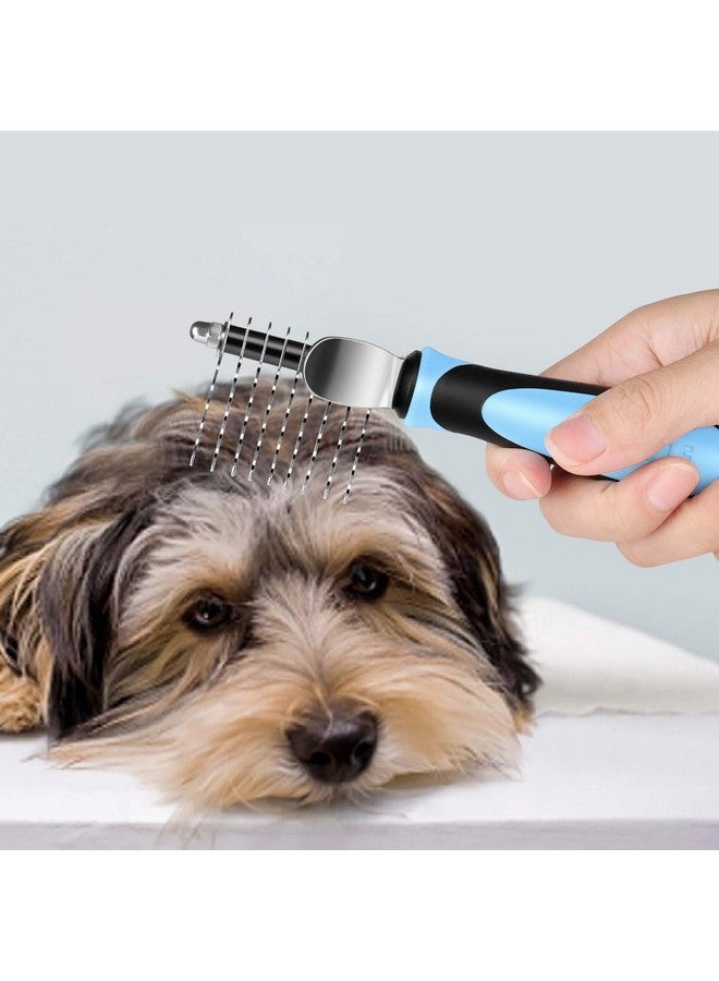 Flexzion Dogs Dematting Comb, Stainless Steel Blades Rakes, for Pets Cats Animals Matted Knotted Hair, Brush Cutting Removing Grooming Tool with Smooth Teeth Needle - Black & Blue Handle - Image 4