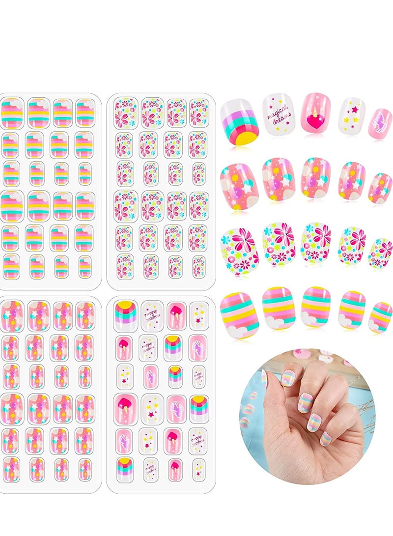 Kids False Nails, Children Press on Fake Tip Cartoon Full Cover Short Fingernail Artificial Tips Pre-glued Stickers for Girls Art Decoration (96 Pcs) - Image 1