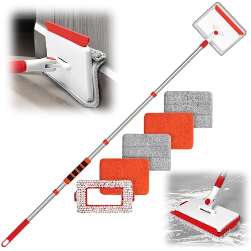 JEHONN Baseboard Cleaner Tool with Handle, 56 inches Base Boards Cleaning Mop Scrubber, 1 Stiff Bristles Brush, 2 Chenille and 2 Microfiber Pads, Wall Duster for Floorboard Ceiling Window Tile - Image 1