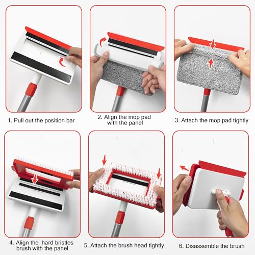 JEHONN Baseboard Cleaner Tool with Handle, 56 inches Base Boards Cleaning Mop Scrubber, 1 Stiff Bristles Brush, 2 Chenille and 2 Microfiber Pads, Wall Duster for Floorboard Ceiling Window Tile - Image 4