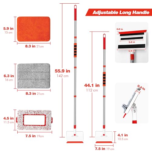 JEHONN Baseboard Cleaner Tool with Handle, 56 inches Base Boards Cleaning Mop Scrubber, 1 Stiff Bristles Brush, 2 Chenille and 2 Microfiber Pads, Wall Duster for Floorboard Ceiling Window Tile - Image 3