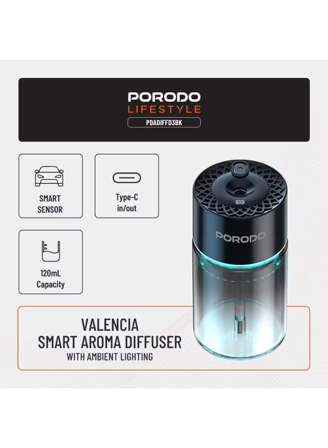 Porodo Valencia Smart Aroma Diffuse with Ambient Lighting, 120mL Bottle Capacity, 300mAh Battery Capacity, Type-C Charging Port, Smart Sensor, 5 Spray Modes - Black - Image 5