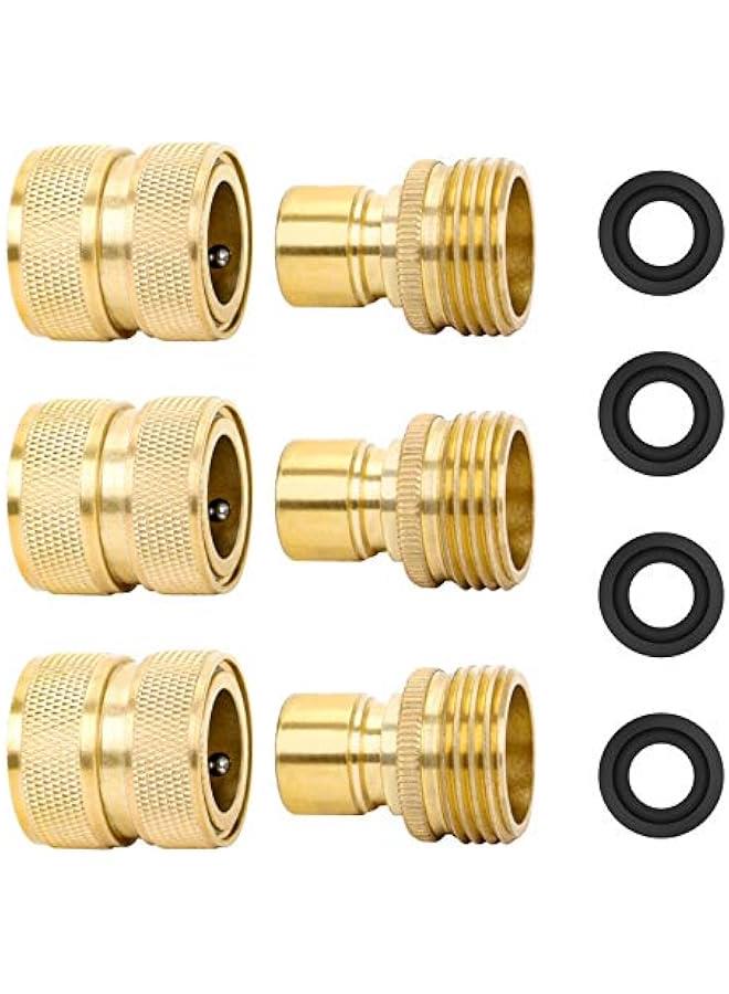 Generic Brass Full Flow Garden Hose Quick Release Connect Adaptor Fitting, Full Port Solid Brass Outdoor Water Hose Quick Disconnect Connector Coupler with Male and Female, with 4 Hose Washers - 3 Sets  - Image 1