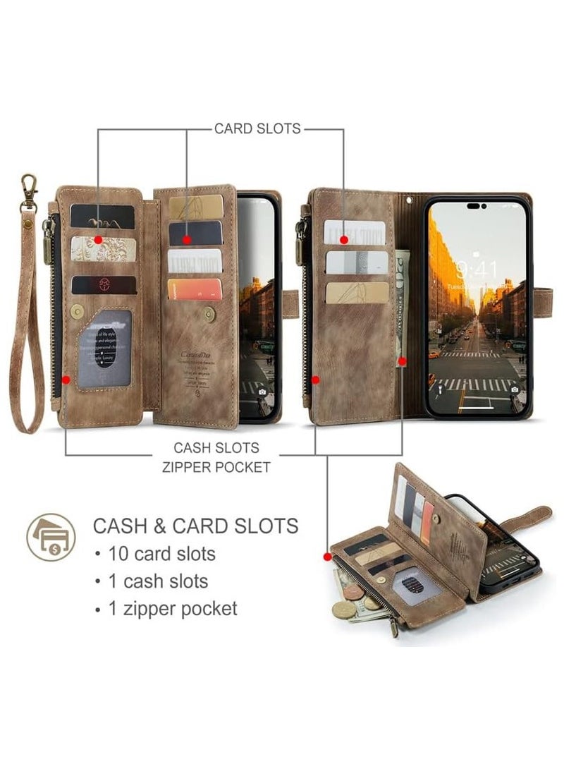 DGMING For iPhone 14 Pro Max Zipper Wallet Case with Wrist Strap (Brown) - Image 2