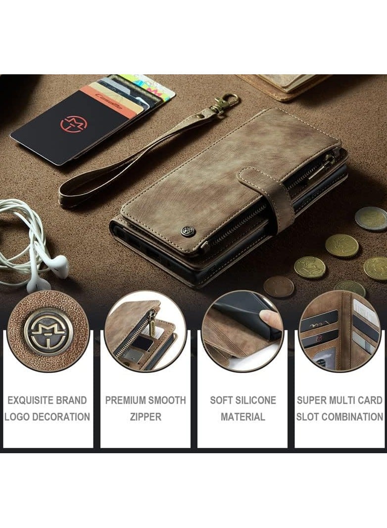 DGMING For iPhone 14 Pro Max Zipper Wallet Case with Wrist Strap (Brown) - Image 5