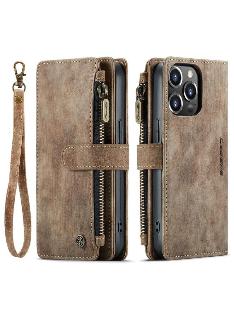 DGMING For iPhone 14 Pro Max Zipper Wallet Case with Wrist Strap (Brown) - Image 1
