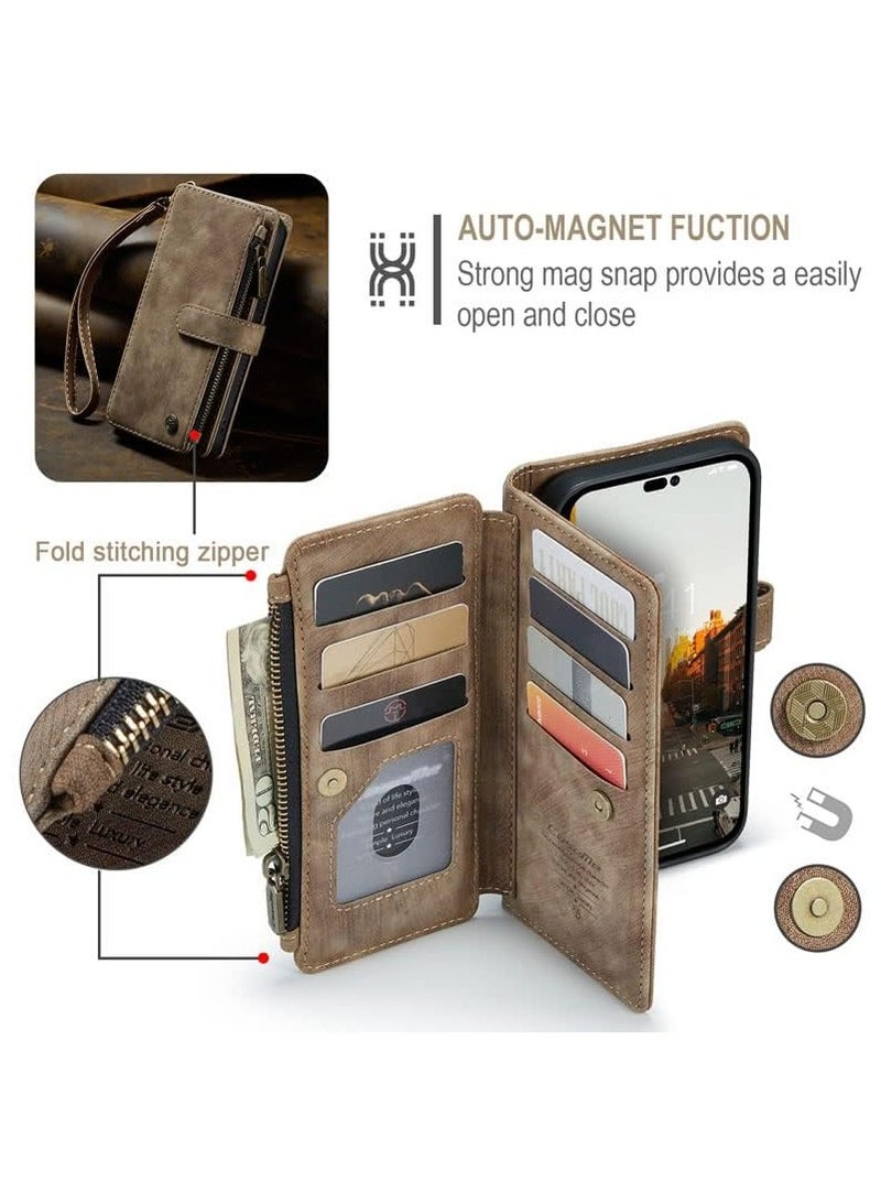 DGMING For iPhone 14 Pro Max Zipper Wallet Case with Wrist Strap (Brown) - Image 3