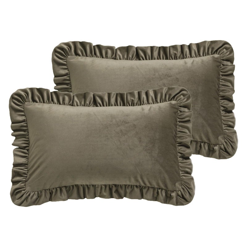 ISAENNE French Brown Rectangle Throw Pillow Covers 12"x20" Set of 2, Solid Color Farmhouse Velvet Decoration Pillow Cover with Ruffles,Throw Pillow Case for Couch Sofa Bed Living Room Car - Image 1