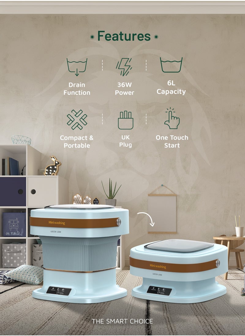 GREEN LION - Foldable Mini Washing Machine 6L with 3 Working Modes and Drain Function / Portable / Low Noise Wash - Blue - Image 1
