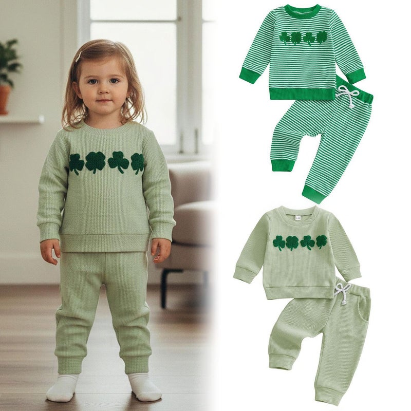 and Autumn and Winter Baby Boys and Girls St. Patrick''s Day Four-Leaf Clover Embroidered Striped Long-Sleeve Long Pants Two-Piece Set Waffle - Image 2