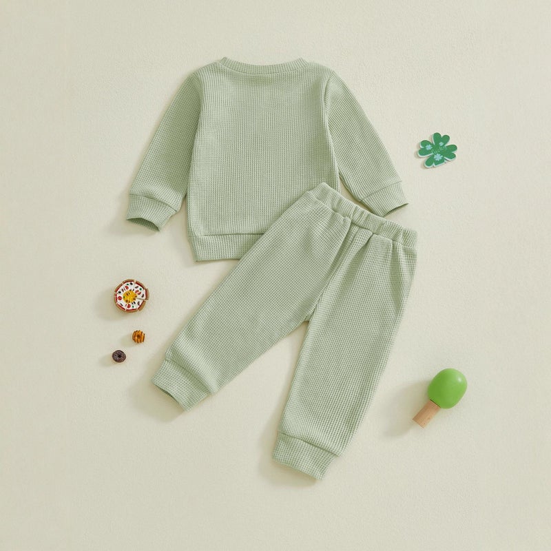 and Autumn and Winter Baby Boys and Girls St. Patrick''s Day Four-Leaf Clover Embroidered Striped Long-Sleeve Long Pants Two-Piece Set Waffle - Image 4