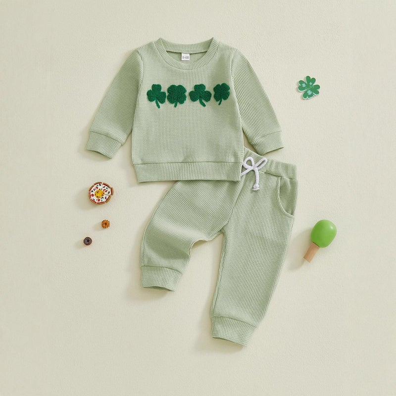 and Autumn and Winter Baby Boys and Girls St. Patrick''s Day Four-Leaf Clover Embroidered Striped Long-Sleeve Long Pants Two-Piece Set Waffle - Image 3